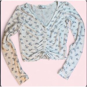 Hollister Cropped Long Sleeve Ruched Blue Floral Top Waffle Knit V Neck- Small